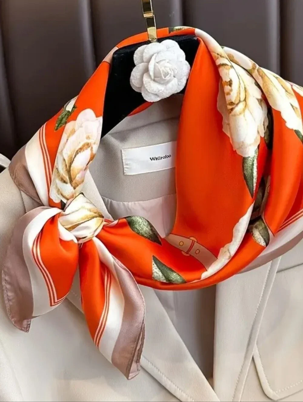 Silk-feel Floral  Scarf in Vibrant Orange Head Scarf , Neck Scarf